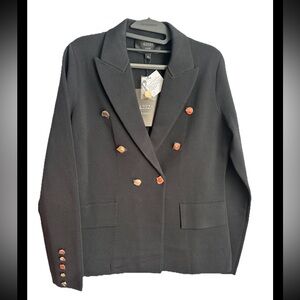 ALEEZA Paris Woman’s Double Breasted Black Knit Blazer Gold Buttons Sz XL NWT!